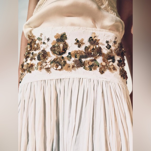 NWT Zara | White Gold Midi A-Line Skirt beaded bead lace - Picture 3 of 16